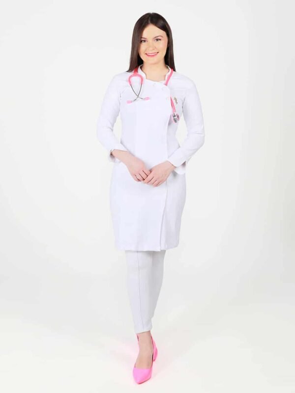 Apron Dress for Women | Long Doctor Coat with Pearl Button | Stretchable