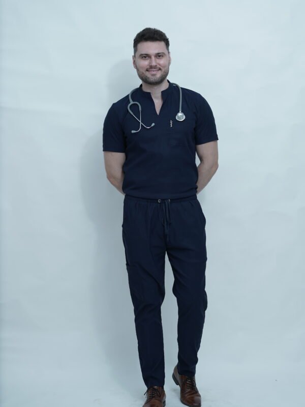 Scrub for Doctors | Navy Blue Men's Scrub | Band Collar with V | Straight Pant | Multiple Pockets | Stretchable